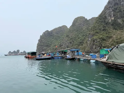 A floating village with houses and boats on green water surrounded by limestone karst mountains.