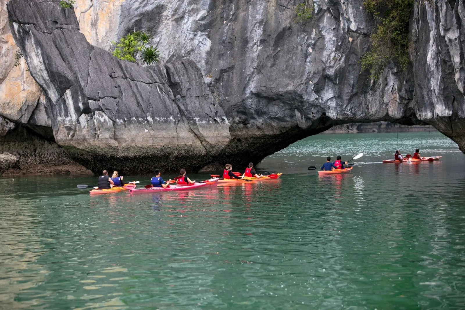 Several tandem kayaks with paddlers in life jackets glide on green water toward a gap under a large limestone karst cliff.