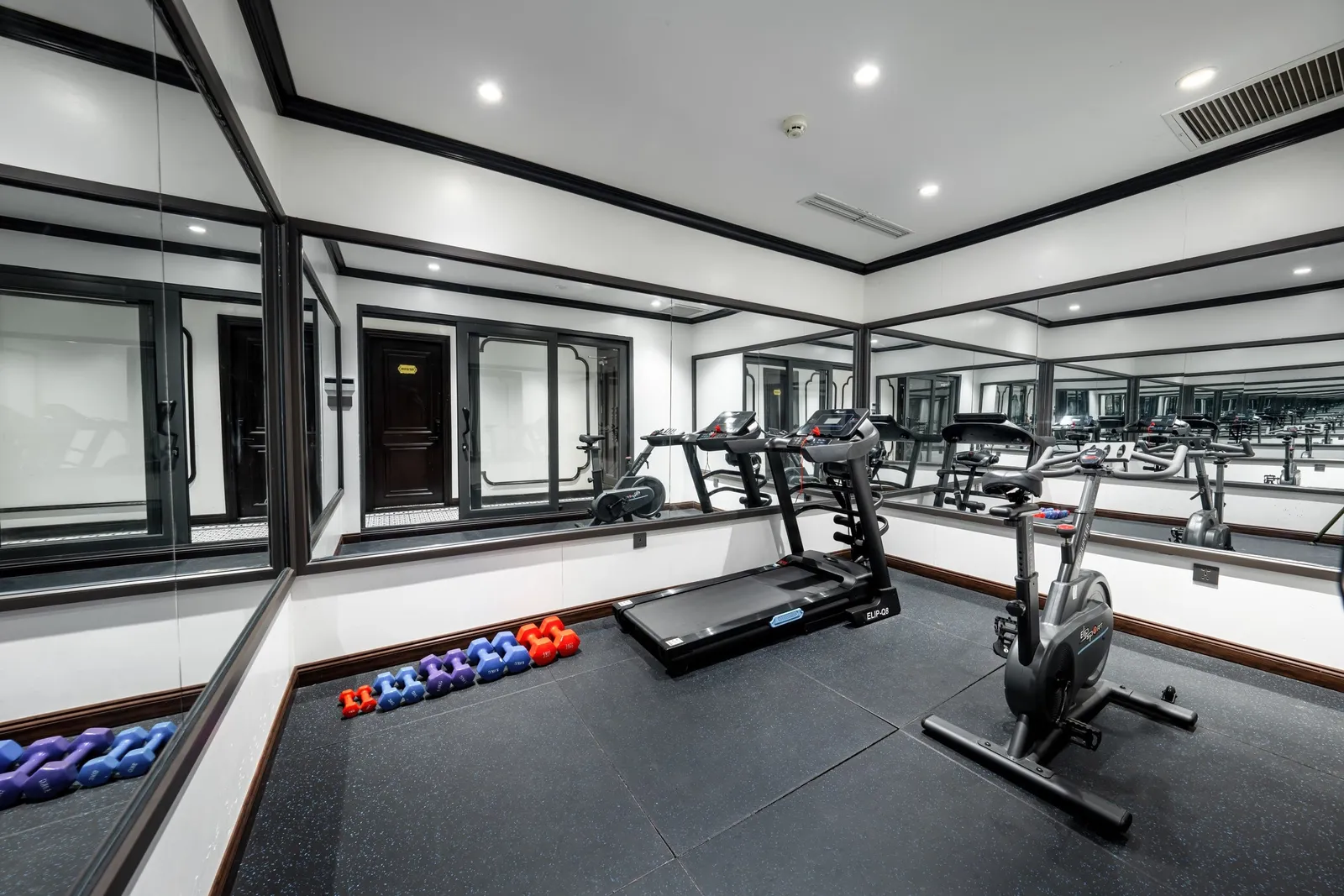An interior gym room with mirrored walls, a treadmill, a stationary exercise bike, and rows of colorful dumbbells on a rubber floor.