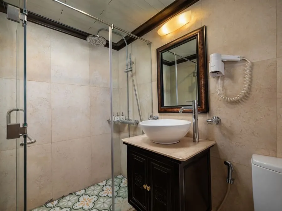A bathroom with a glass shower, a round basin on a dark vanity and patterned floor tiles.