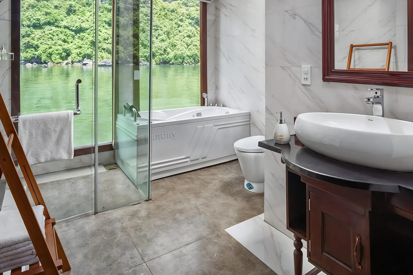 A bathroom with a glass-enclosed shower, a bathtub by the window and a vessel basin.