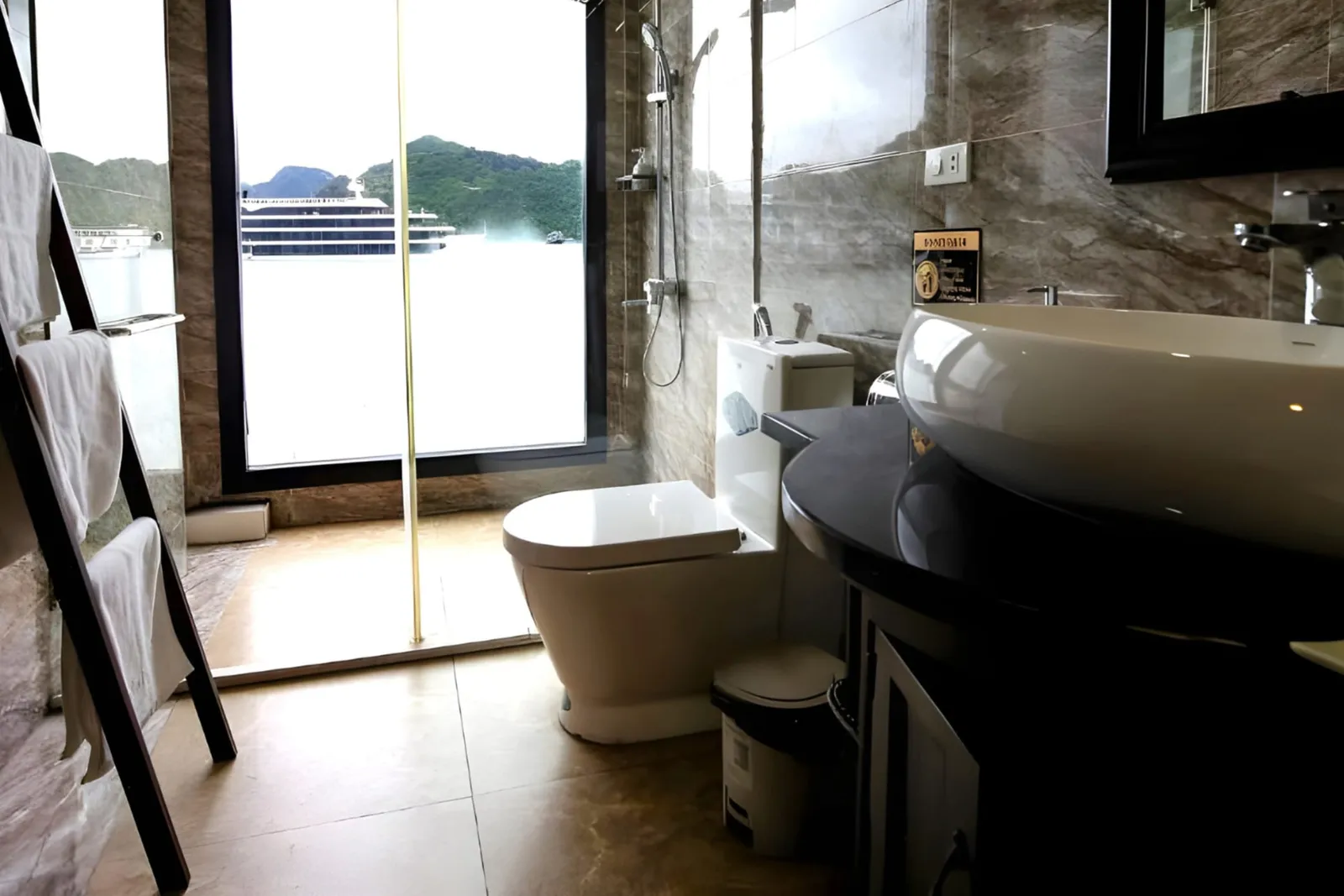 A bathroom with an oval basin, a towel ladder and a shower beside a large window.