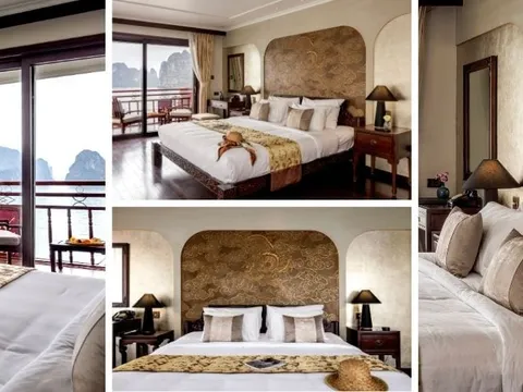 A collage of four photos showing a luxury cruise cabin bedroom with ornate golden headboards, white bedding, dark wood furniture, and a balcony view of karst limestone peaks over water.