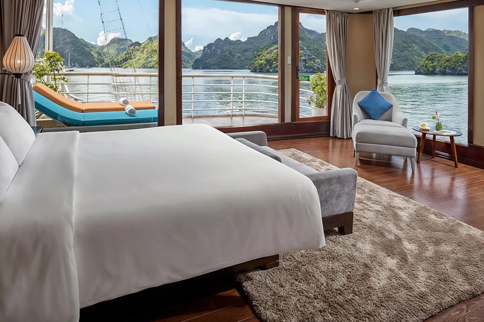 A cabin with a white bed, an armchair and wide windows with a view of the sundeck loungers and karst islands.