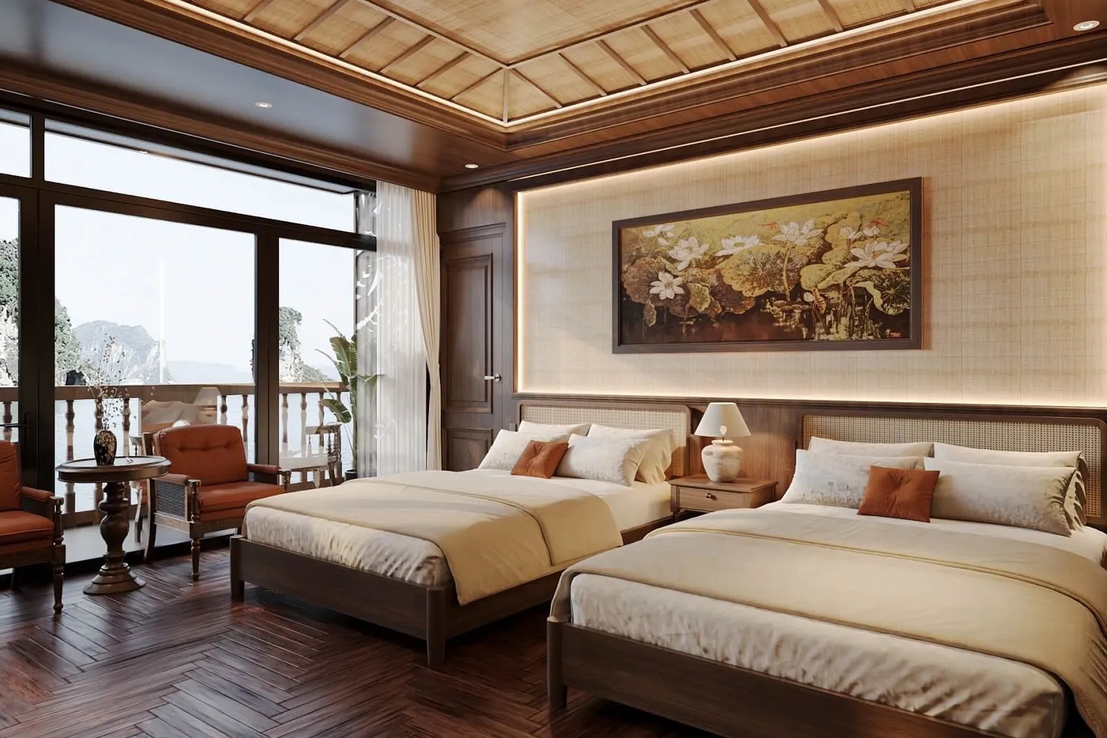 A luxury cabin interior with two beds, wooden furniture, and large windows showing karst limestone mountains characteristic of Ha Long Bay.