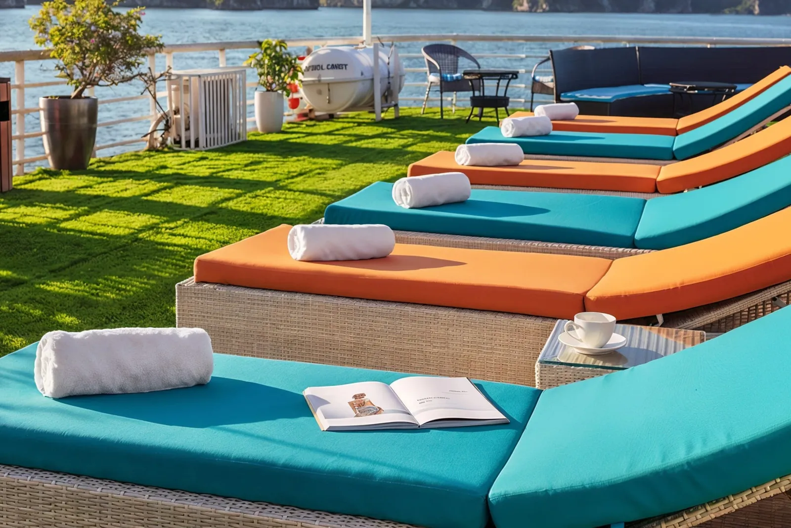 Orange and teal sun loungers on the green-turf sundeck with limestone islands across the water.