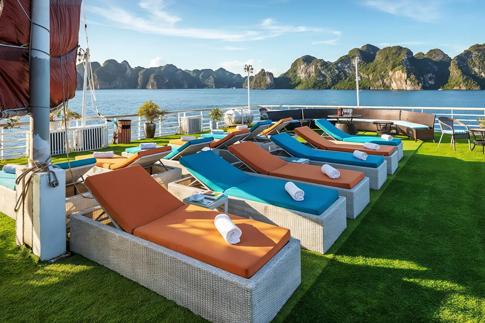 Rows of loungers on the turf sundeck beside a mast and an orange sail, with karst hills behind.