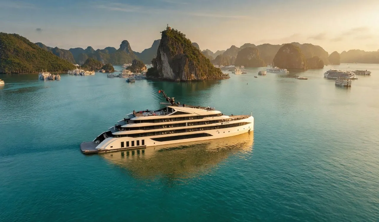 An aerial view at golden hour of a large white multi-deck cruise vessel on turquoise water, with limestone karst islands and many other cruise boats in the background.