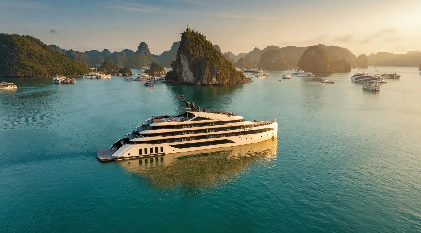 An aerial view at golden hour of a large white multi-deck cruise vessel on turquoise water, with limestone karst islands and many other cruise boats in the background.