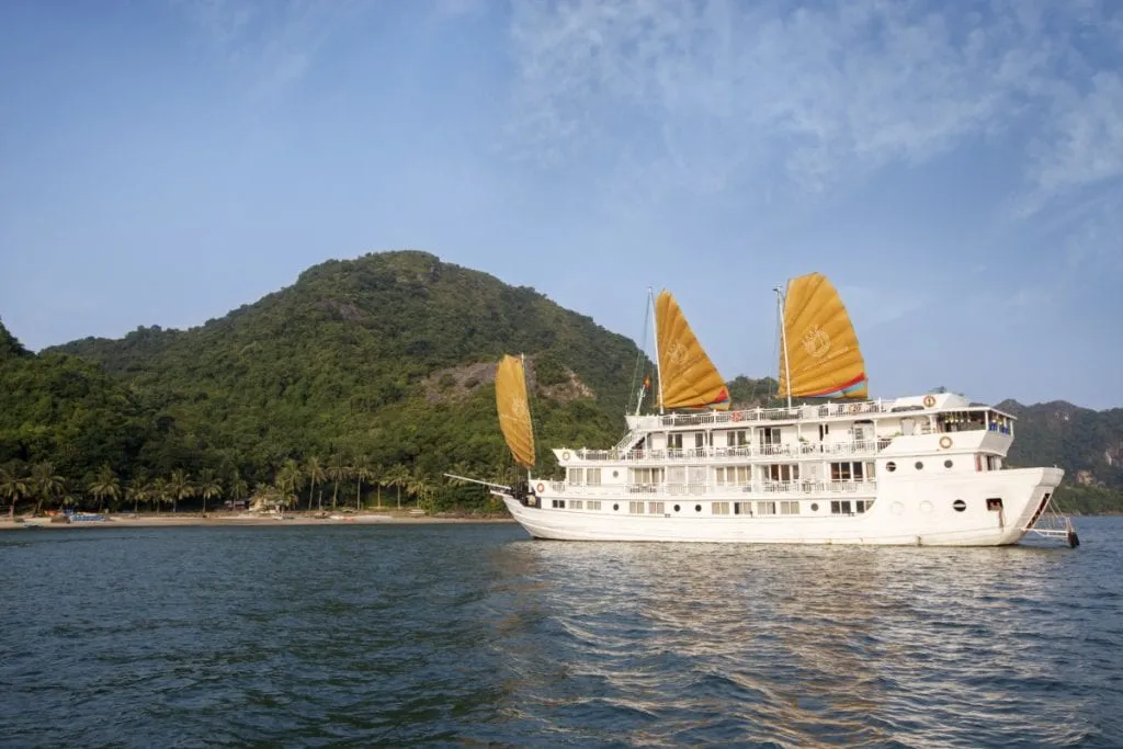 A white multi-deck cruise boat with golden-orange junk sails and a circular emblem on the sails sits on calm water in front of a forested hill with palm trees and a small beach.