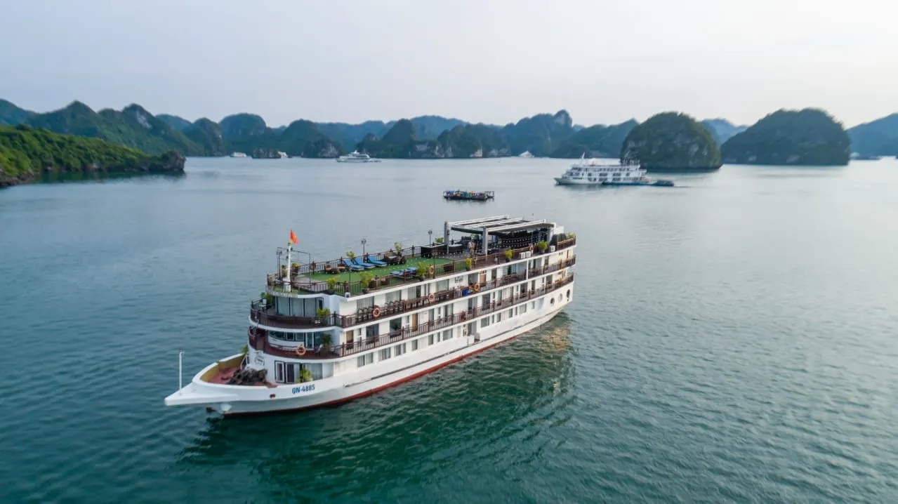 An aerial view of a multi-deck white cruise ship with a registration number on its hull, sailing on calm green water among tree-covered limestone islands with another ship and a small boat in the distance.
