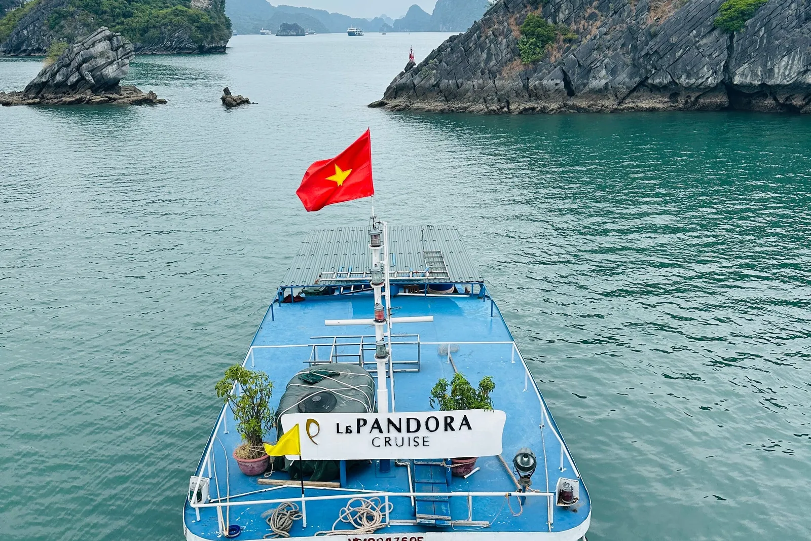 A blue and white cruise boat with Vietnamese flag and Le Pandora Cruise signage on its upper deck, photographed from above in calm waters surrounded by limestone karst formations.