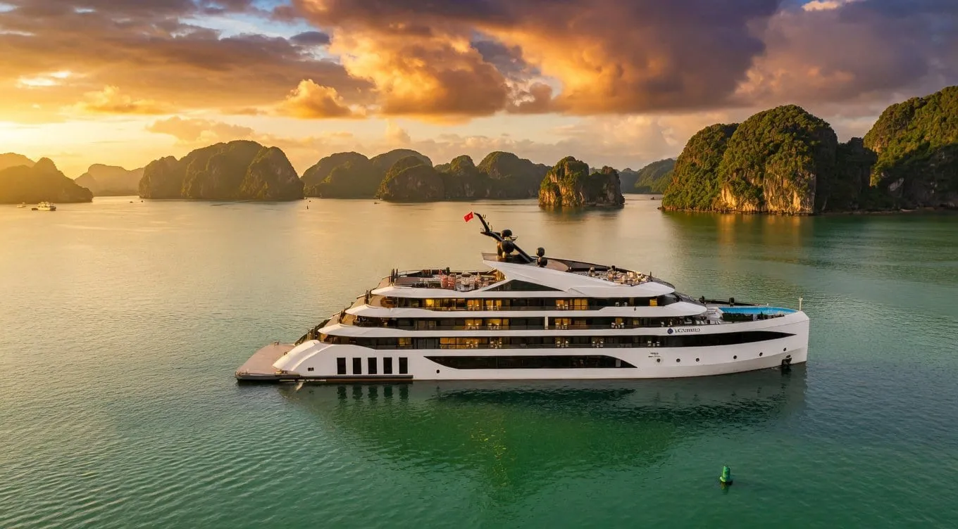 An aerial view of a large white multi-deck cruise ship with small lettering on its hull and a red flag, floating on green water in front of limestone karst islands under a golden sunset sky.