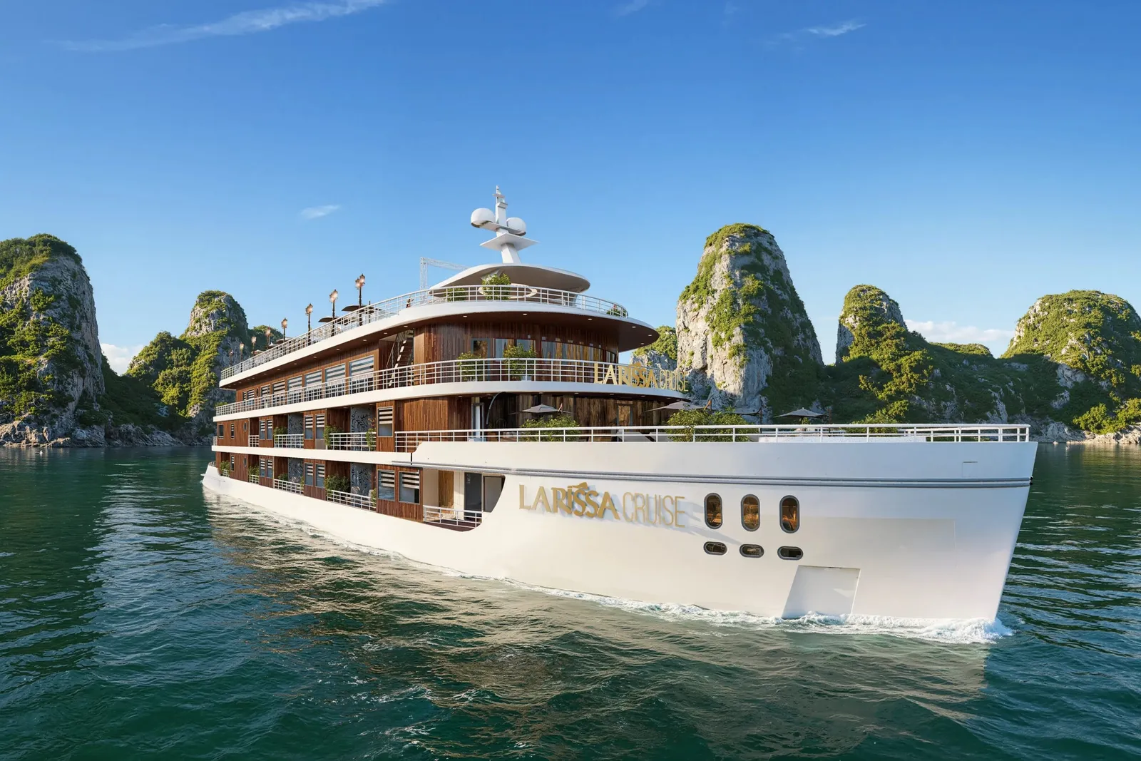 A large white and wood cruise ship with 'LARISSA CRUISE' painted on its hull moves through calm green water surrounded by tall limestone karst formations under a blue sky.