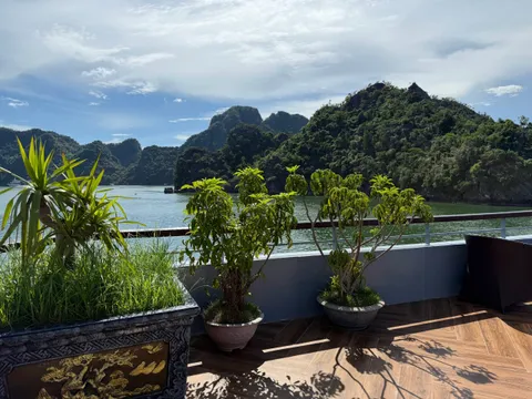 A wooden-floored upper deck with potted plants and a wicker chair, a railing, and green karst islands rising from calm turquoise water under a blue, partly cloudy sky.