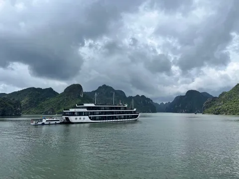 A multi-deck white cruise ship with 'Majesty Prime' lettering on its hull sits on calm green water beside a small tender boat, with forested limestone karst islands behind and a heavy overcast sky above.