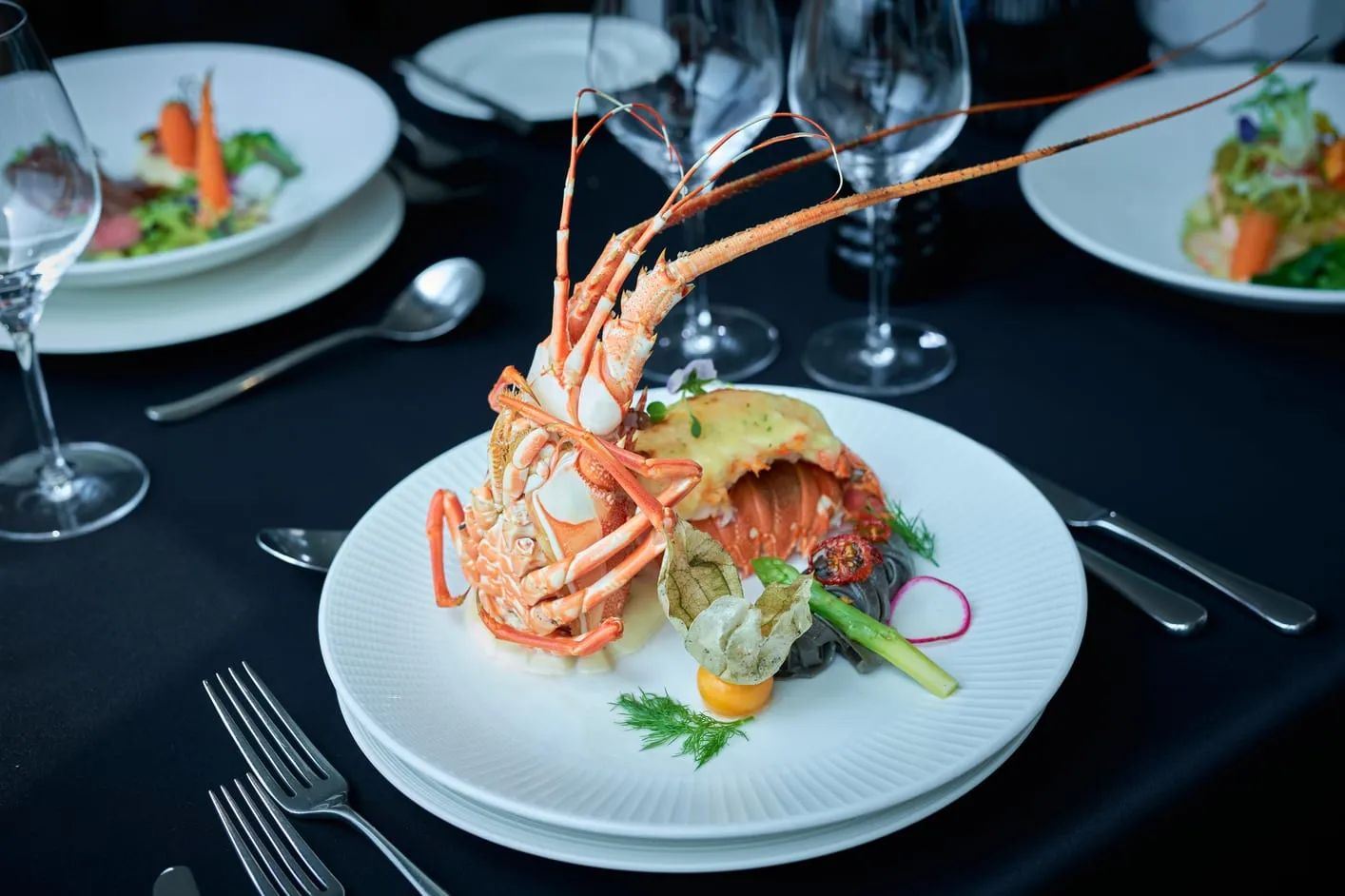 Plated lobster with vegetables and herbs on a black tablecloth, wine glasses set behind