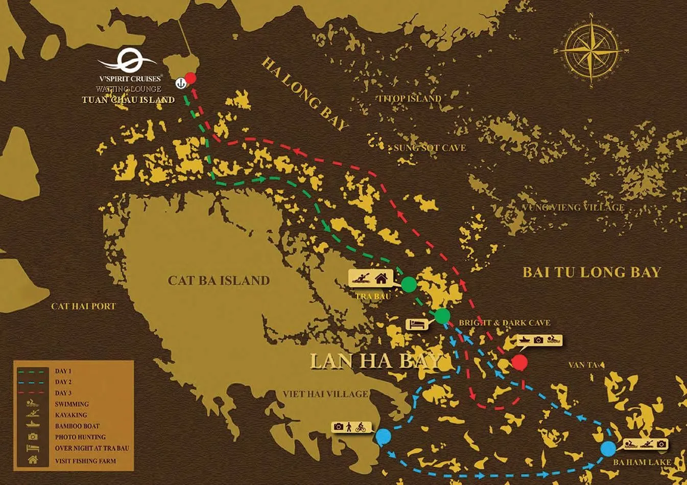 An illustrated brown and gold map of Ha Long, Bai Tu Long and Lan Ha bays with a 3-day colored route, a compass rose, a legend and the V'Spirit Cruises logo at Tuan Chau Island, all part of the map graphic rather than an overlay on a photo.
