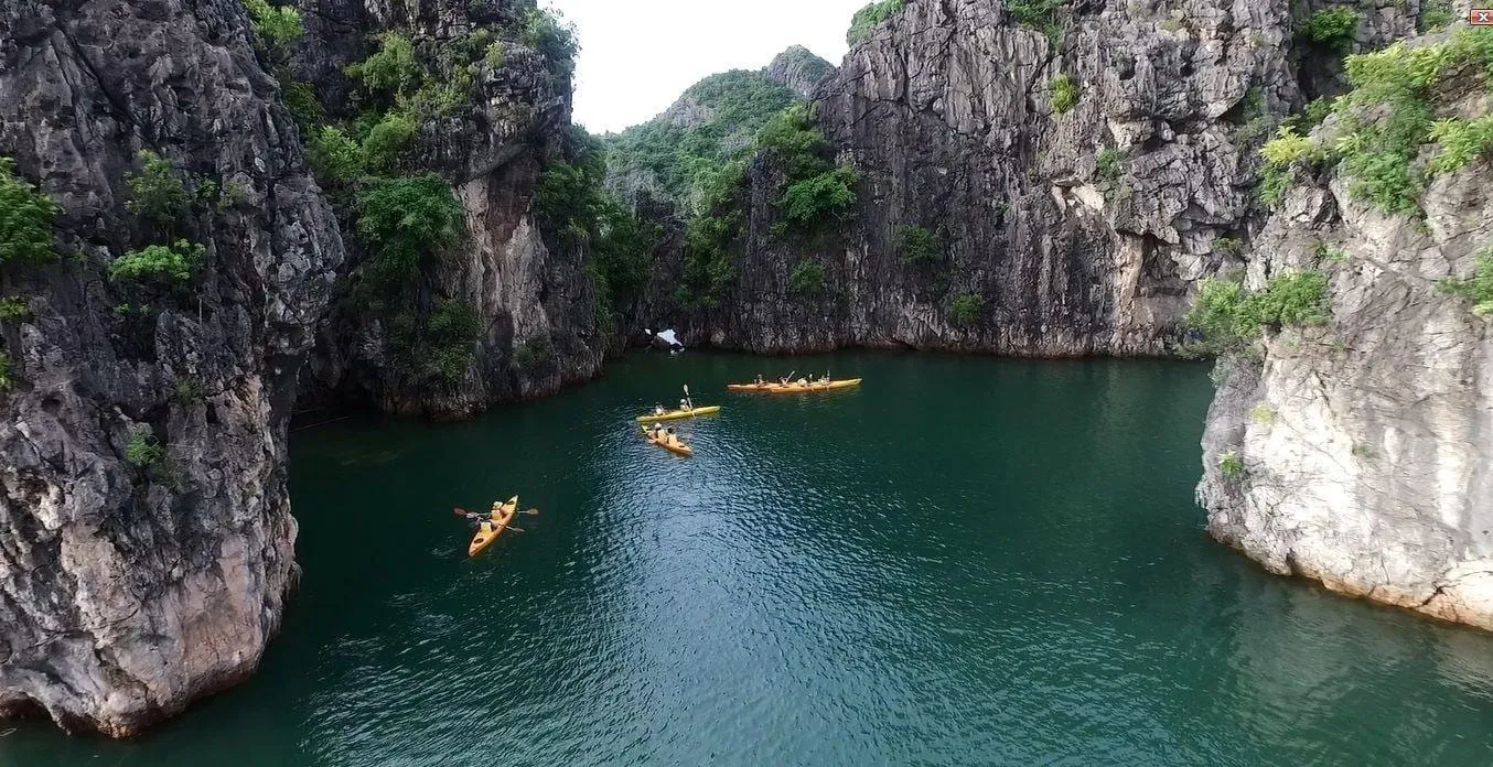 Aerial view of several yellow kayaks with paddlers on green water in a narrow channel between steep limestone karst cliffs covered in patches of vegetation.